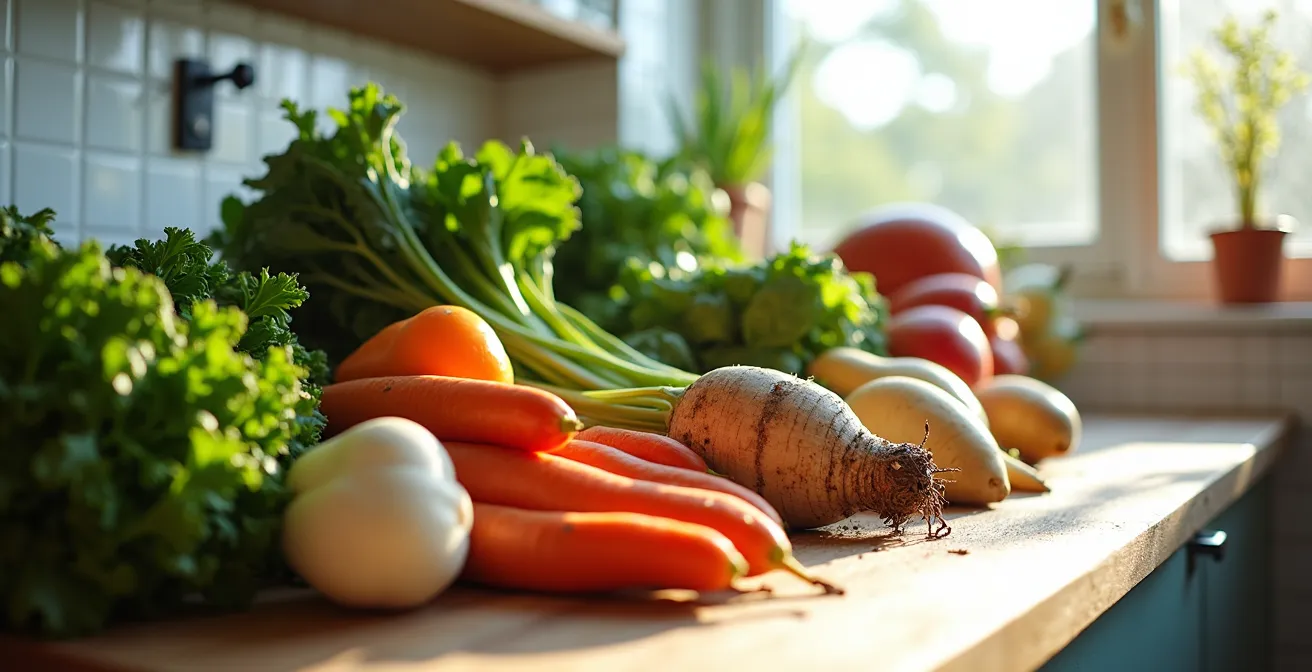Vue large d'une table de cuisine avec une diversité de légumes locaux colorés fraîchement récoltés