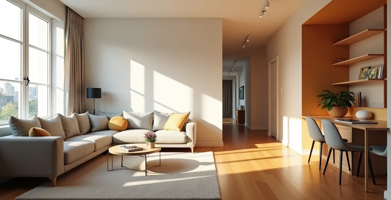 Vue grand angle d'un appartement montréalais avec différentes zones d'éclairage créant des espaces distincts