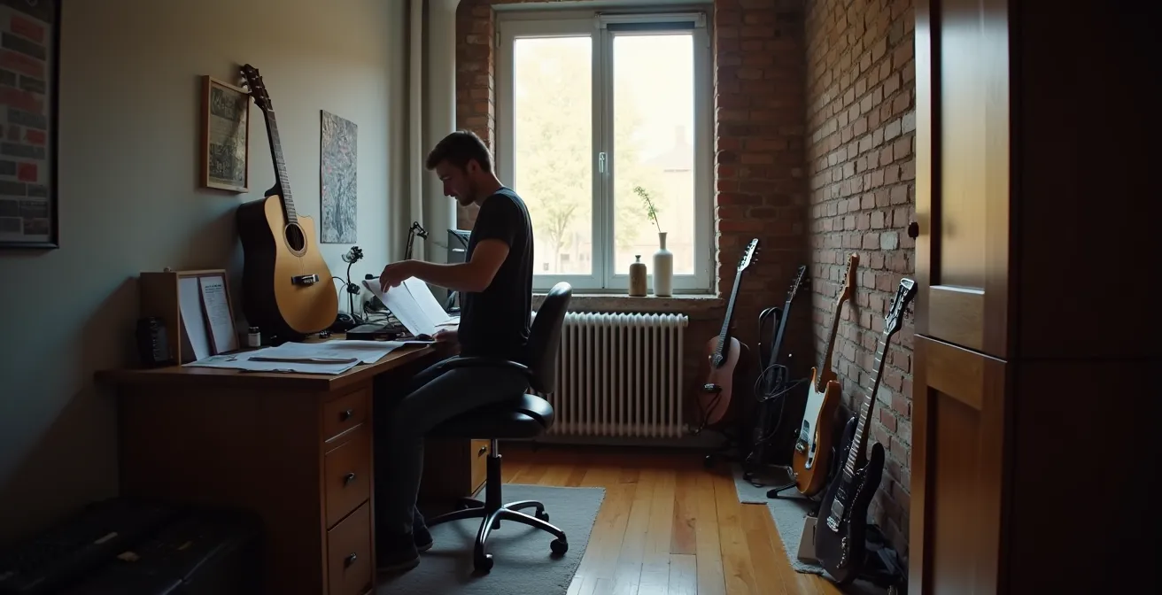 Musicien dans un studio d'enregistrement montréalais entouré d'instruments et d'équipement professionnel