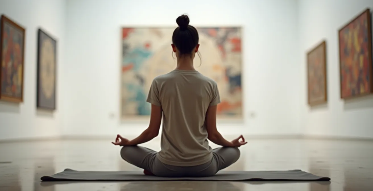 Personne en méditation devant une œuvre d'art dans un espace muséal épuré