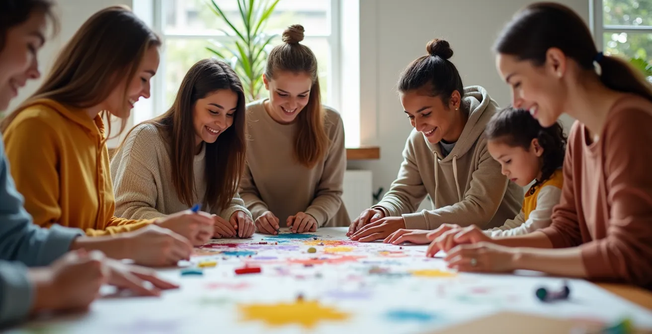 Groupe diversifié de participants engagés dans un atelier créatif collectif dans un espace lumineux