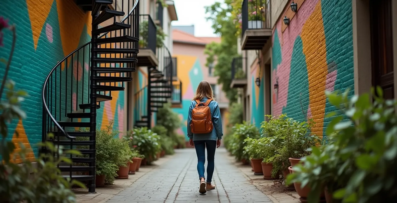 Promeneur explorant une ruelle verte du Plateau avec murales colorées et escaliers en colimaçon