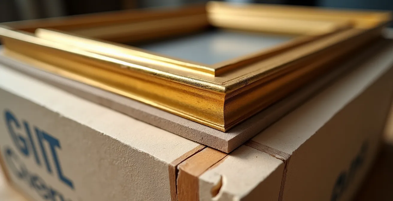 Vue en plongée d'une caisse de transport d'œuvre d'art ouverte avec matériaux d'emballage spécialisés