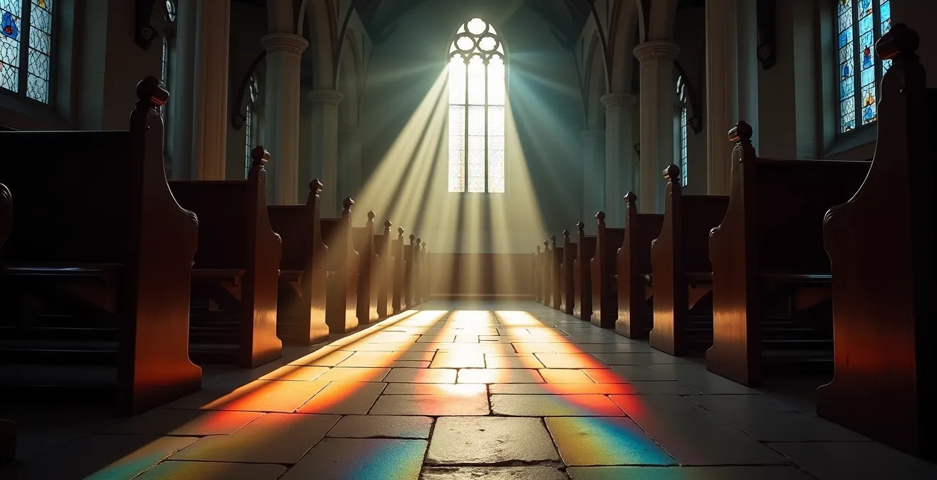 Rayon de lumière traversant les vitraux colorés de la basilique créant des motifs sur le sol