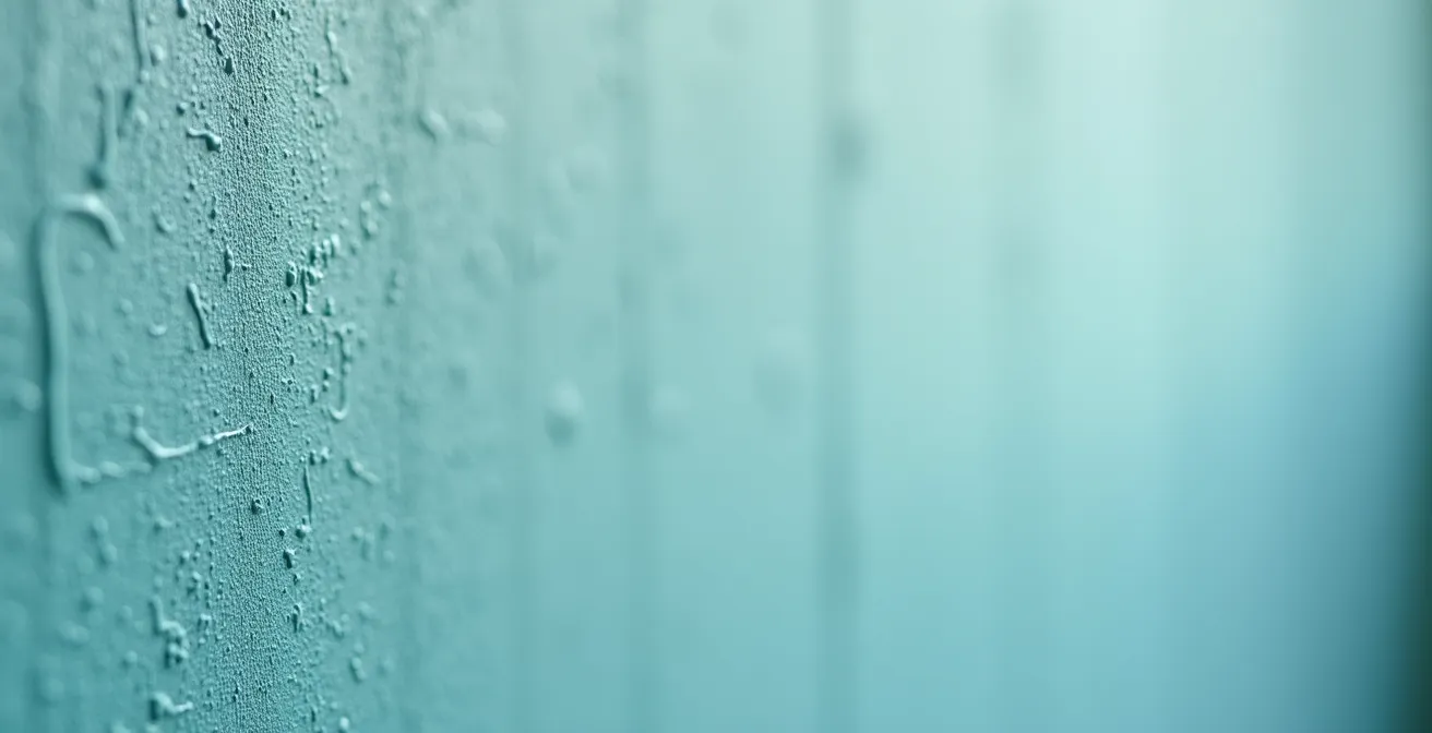 Gros plan sur la texture d'un mur peint en bleu-vert, montrant la finition mate et les micro-reliefs de la peinture