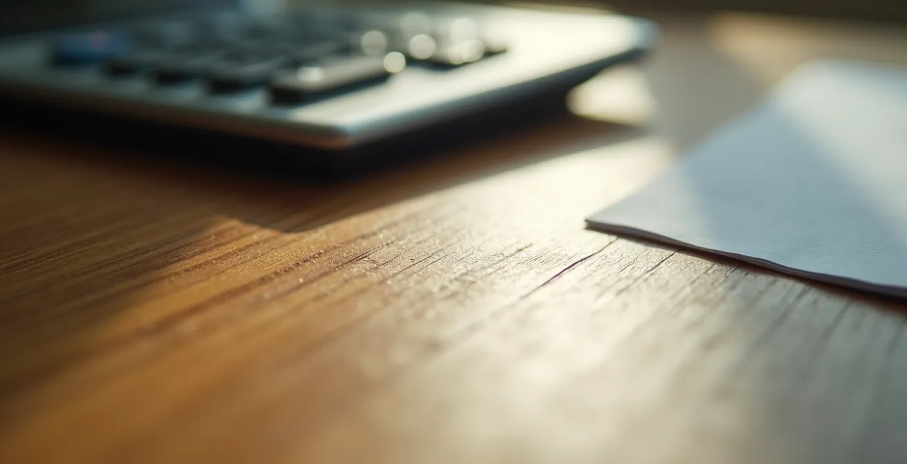 Espace de travail organisé d'un travailleur autonome avec calculatrice et documents administratifs