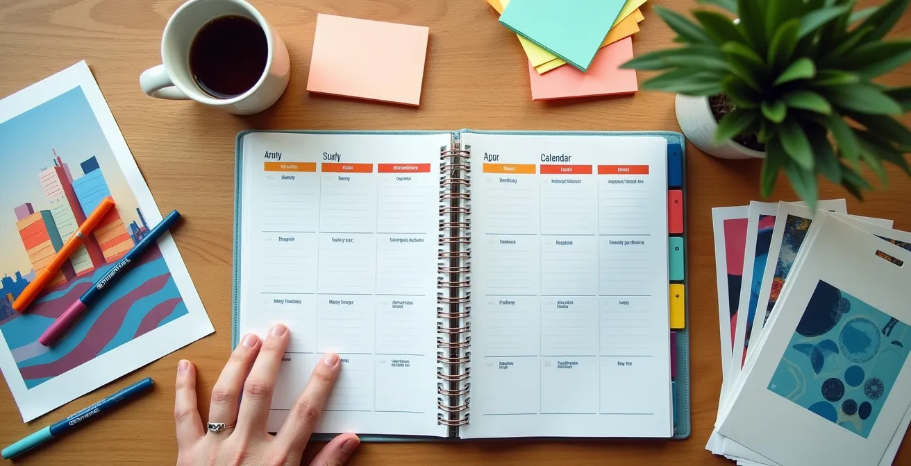 Écran d'ordinateur montrant un calendrier numérique coloré avec des événements culturels marqués, entouré d'objets artistiques