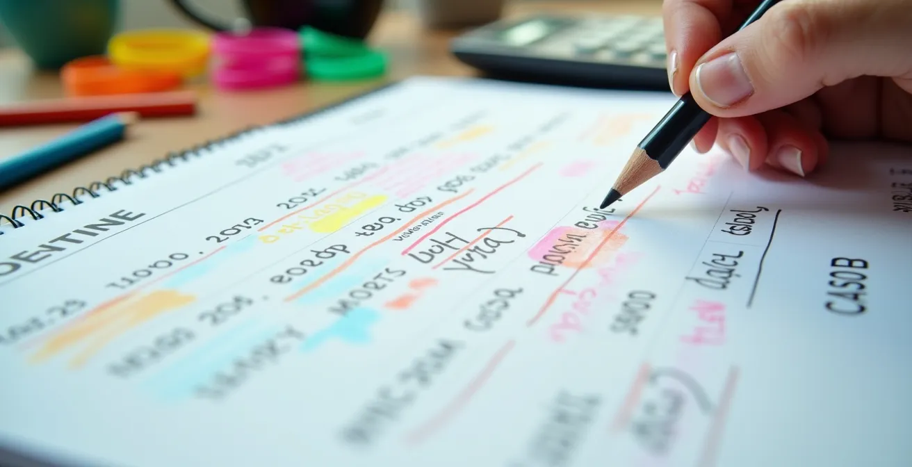 Vue macro d'un calendrier manuscrit avec annotations colorées pour planification festivalière