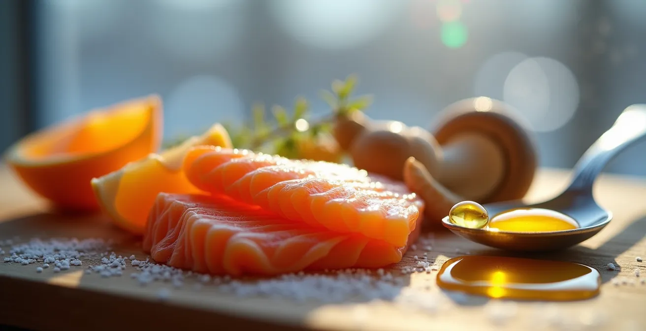 Détail macro d'aliments riches en vitamine D avec lumière naturelle hivernale typique de Montréal