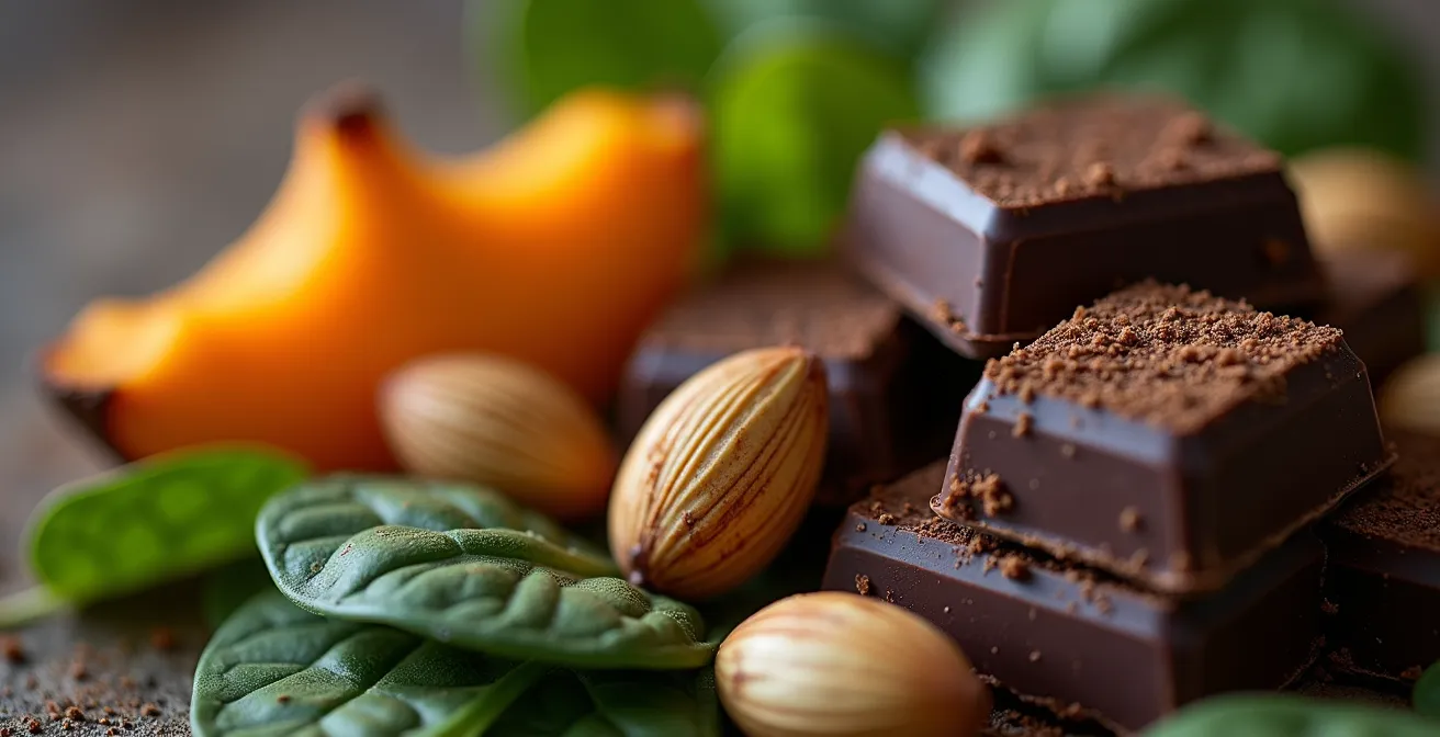 Gros plan sur aliments riches en fer et magnésium disposés artistiquement