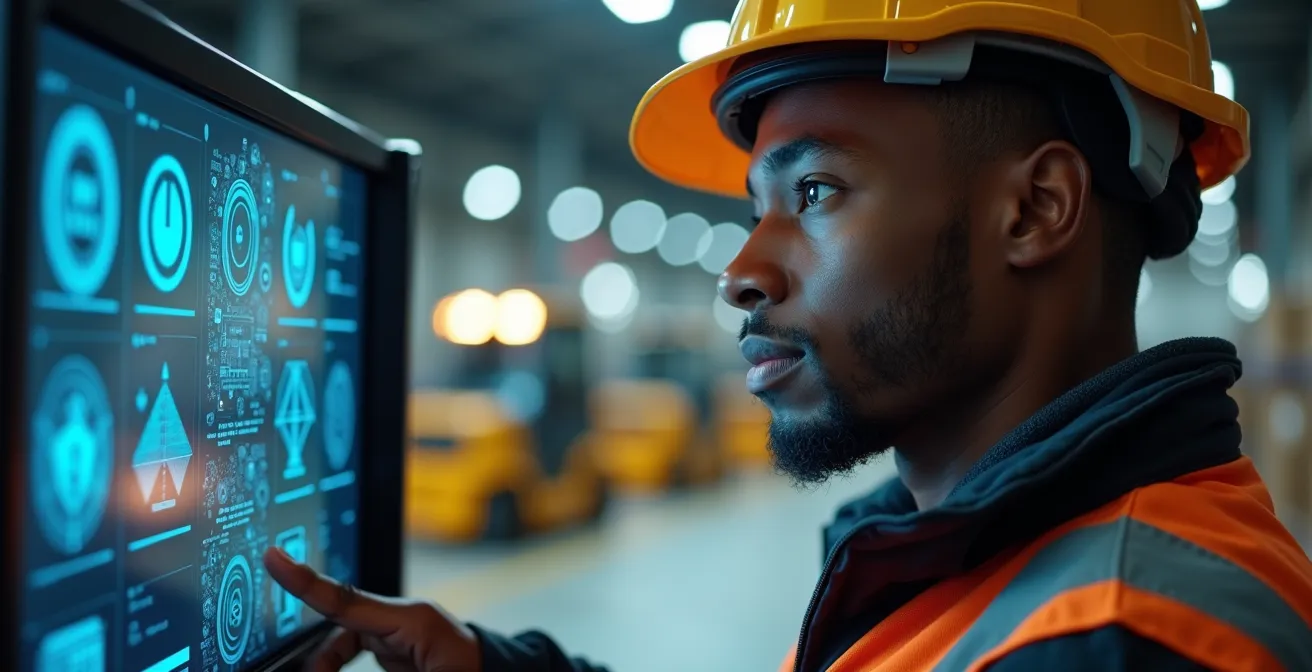Cariste apprenant à utiliser une interface de gestion robotique dans un entrepôt