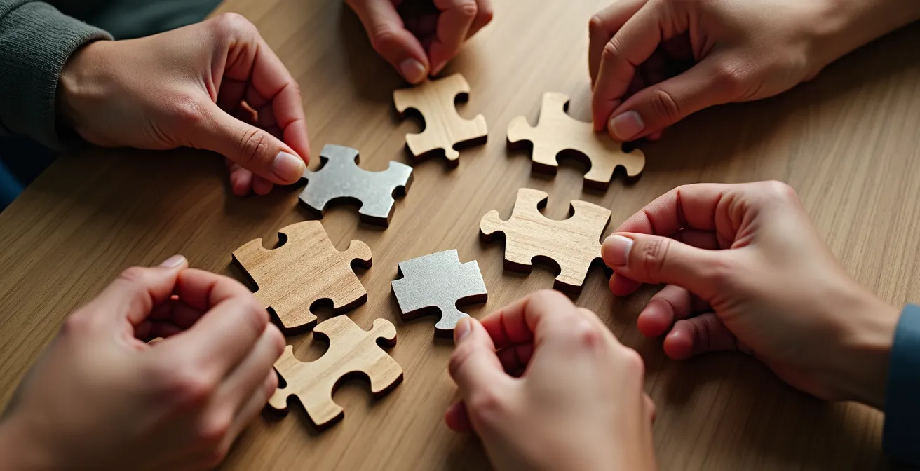 Vue macro de mains assemblant des pièces de puzzle représentant différentes compétences professionnelles