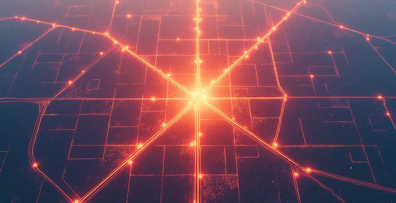 Vue aérienne stylisée des zones de livraison stratégiques de Montréal avec mise en évidence des triangles d'or