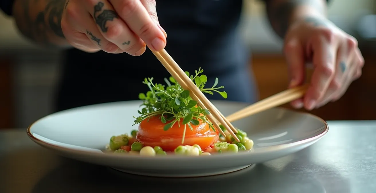 Mains de chef appliquant une technique de cuisine fusion dans une cuisine professionnelle