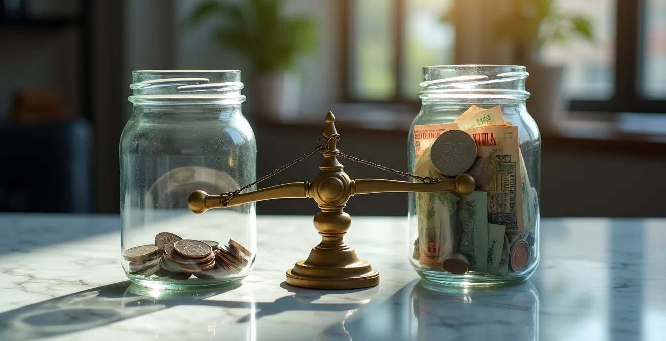 Visualisation graphique comparative des frais d'investissement sur 15 ans, montrant deux bocaux de monnaie, l'un presque vide et l'autre plein.