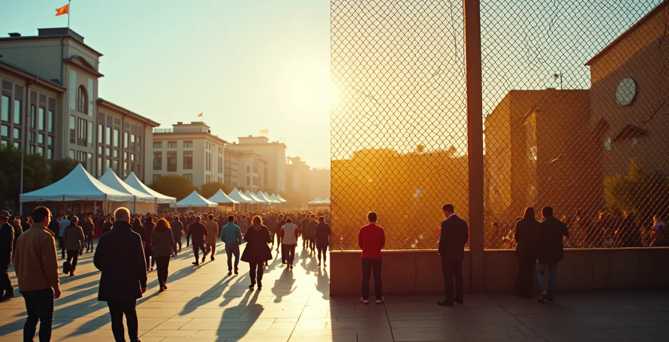 Composition visuelle abstraite montrant deux approches festivalières contrastées