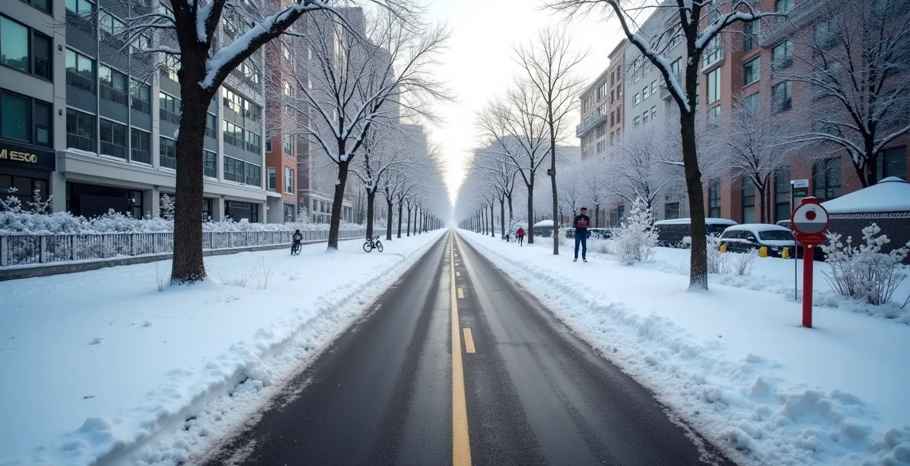 Piste cyclable déneigée du REV à Montréal en hiver avec cyclistes