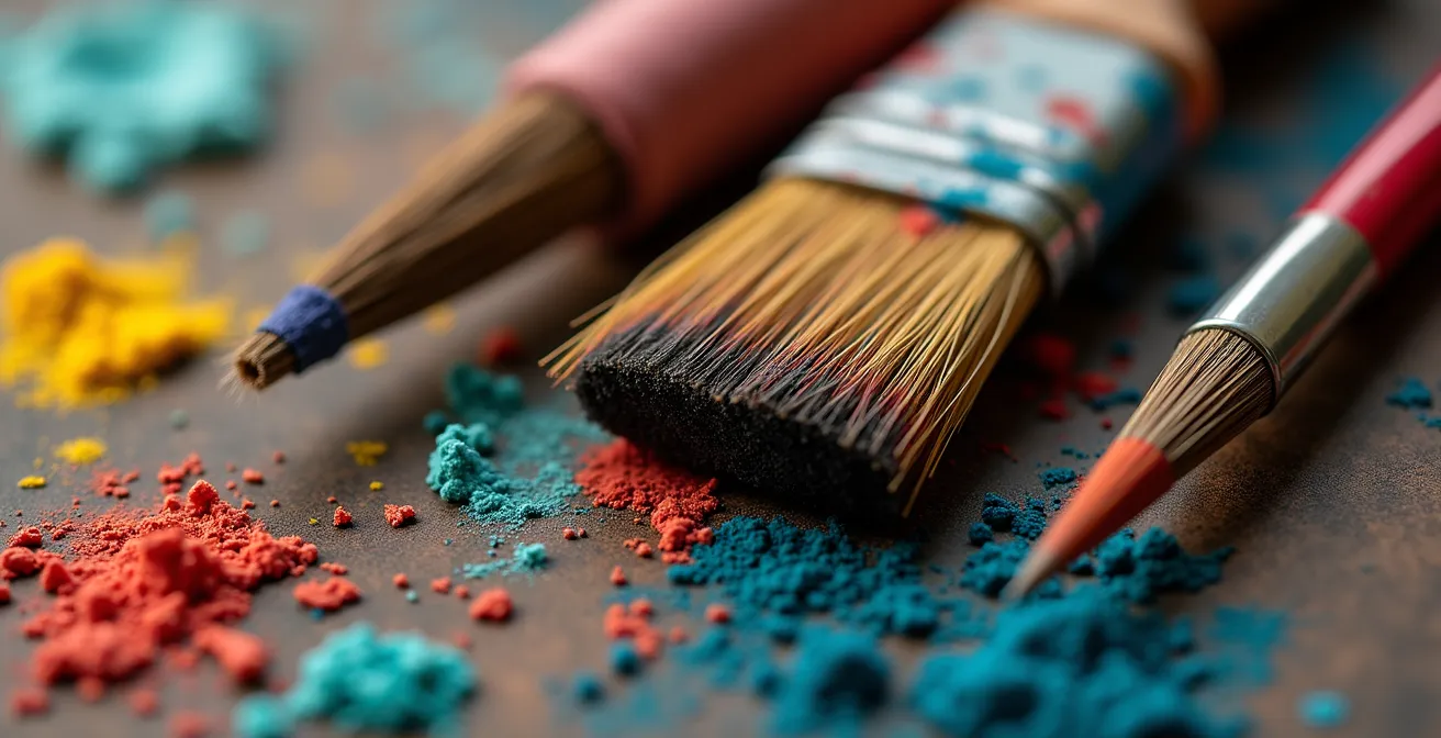 Vue macro d'instruments de musique et d'outils artistiques représentant la créativité montréalaise