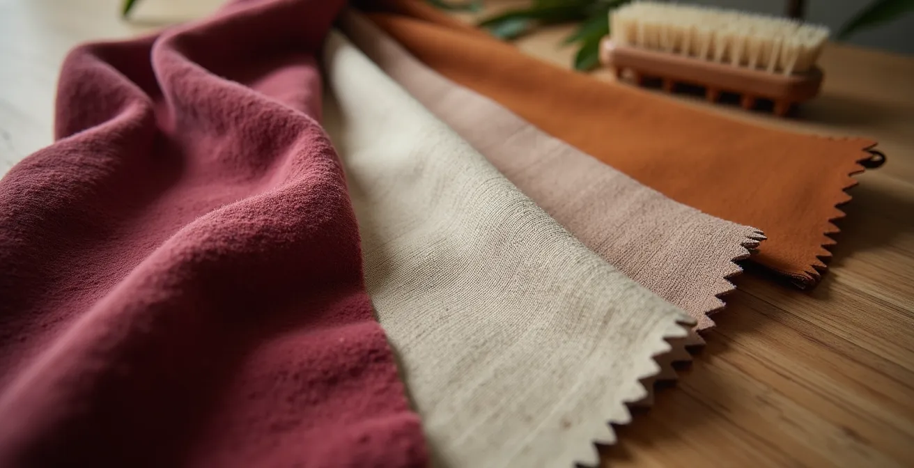 Gros plan sur trois échantillons de tissus de canapé - velours côtelé, lin naturel et cuir vieilli - éclairés par une lumière naturelle douce