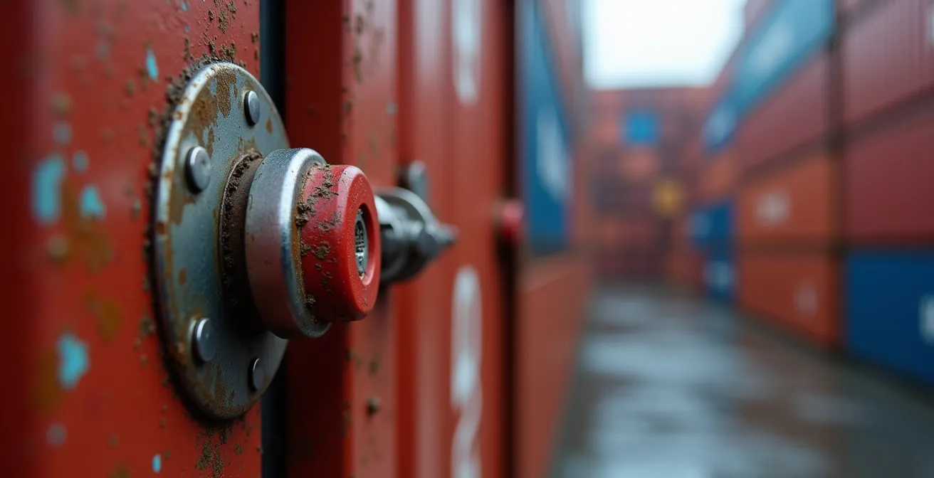 Vue macro détaillée d'un sceau douanier rouge sur un conteneur maritime au port