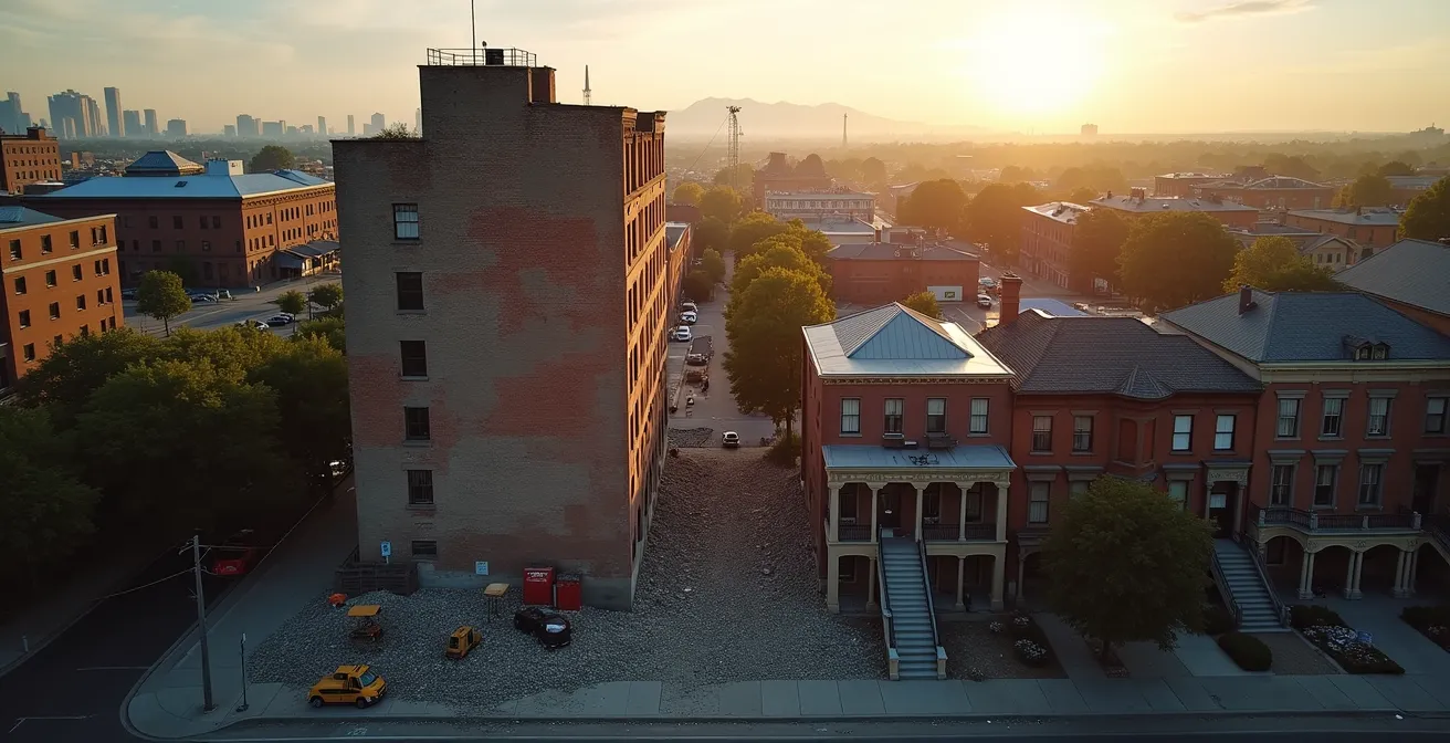 Vue aérienne montrant le contraste entre un site de démolition et des bâtiments patrimoniaux préservés à Montréal