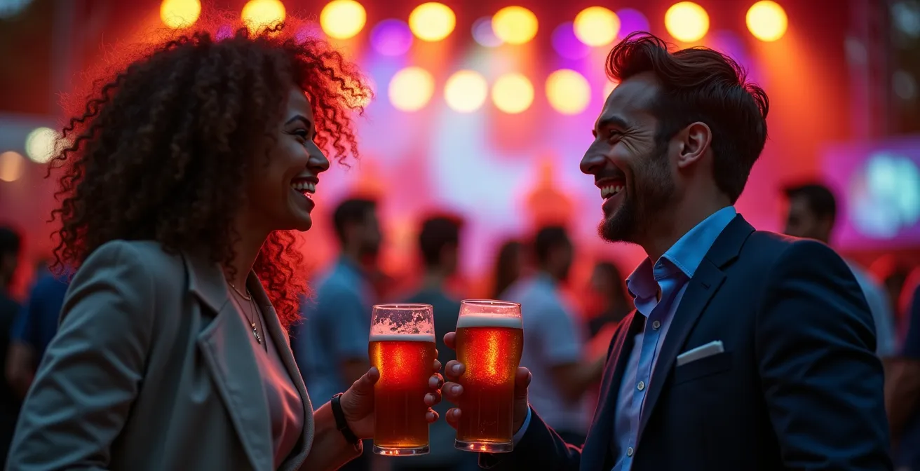 Gros plan sur deux professionnels partageant un moment de rire spontané devant une scène de jazz extérieure