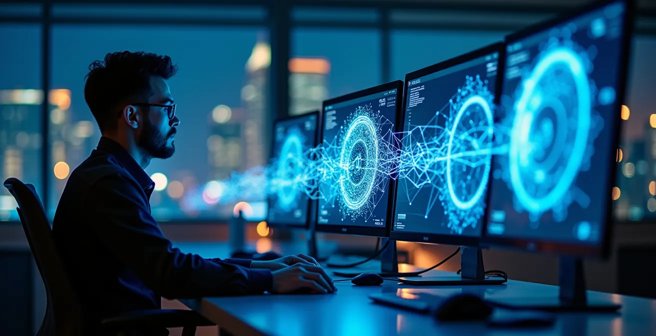 Réseau interconnecté de chercheurs en IA travaillant dans un laboratoire moderne de Montréal