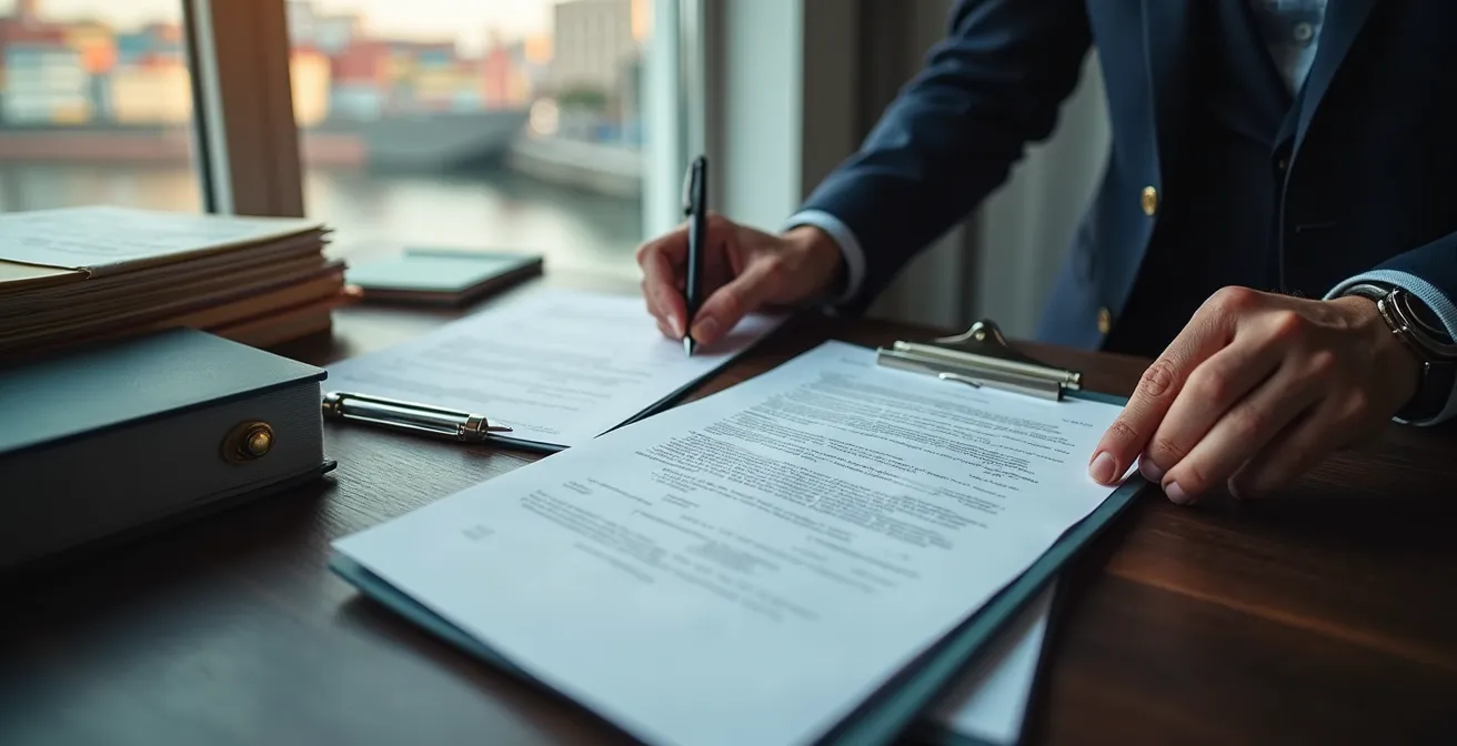Vue en plongée d'un bureau avec documents d'exportation et tampons officiels