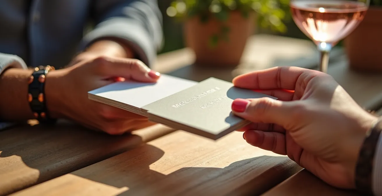 Vue macro détaillée de mains échangeant naturellement des cartes professionnelles sur une table de terrasse ensoleillée