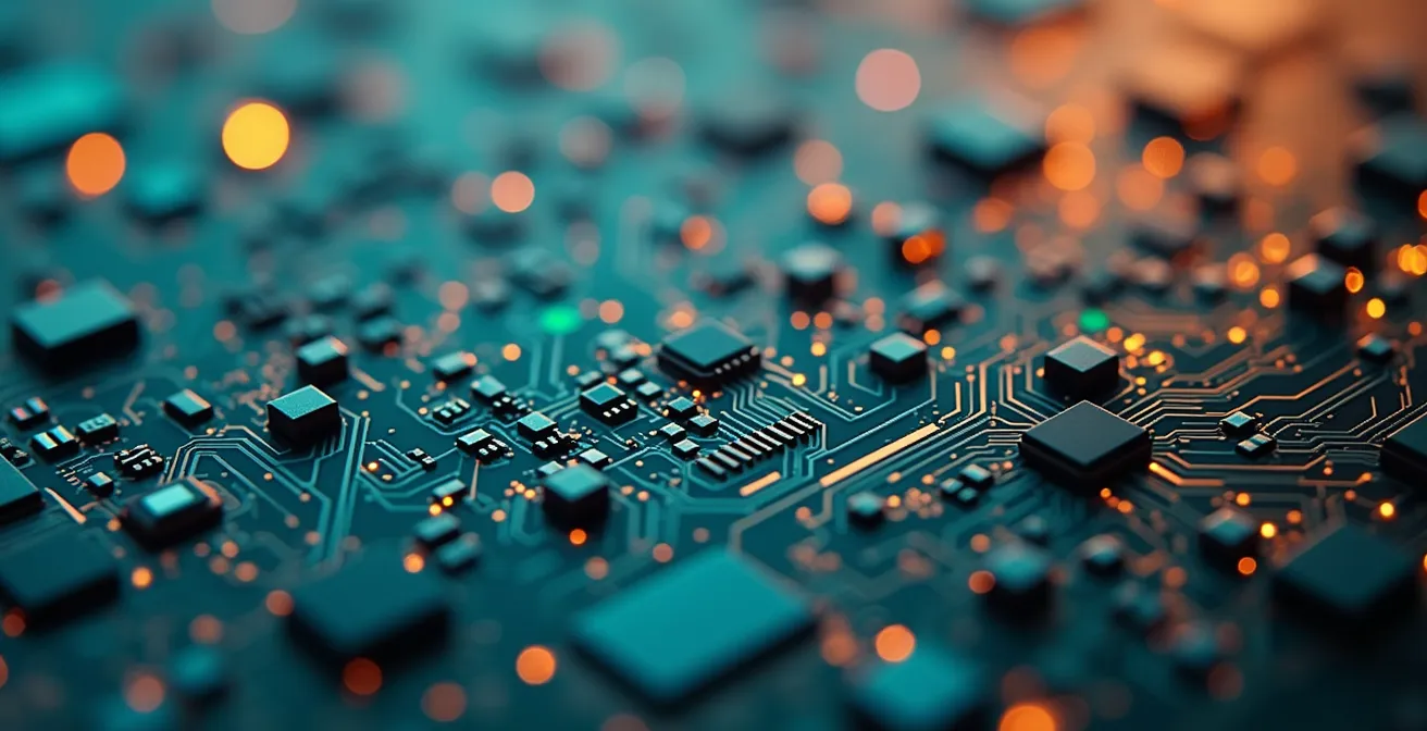 Vue macro détaillée de circuits technologiques symbolisant l'interconnexion des secteurs innovants montréalais