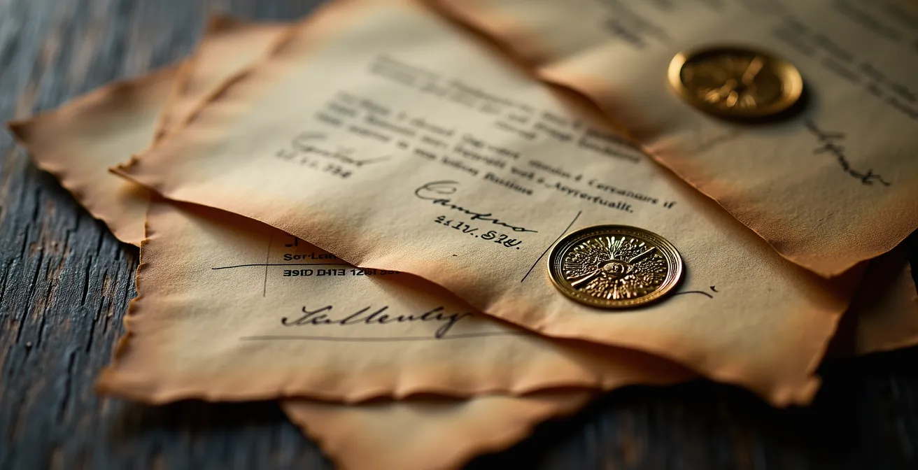 Mur d'exposition avec certificats d'authenticité et documents de provenance encadrés