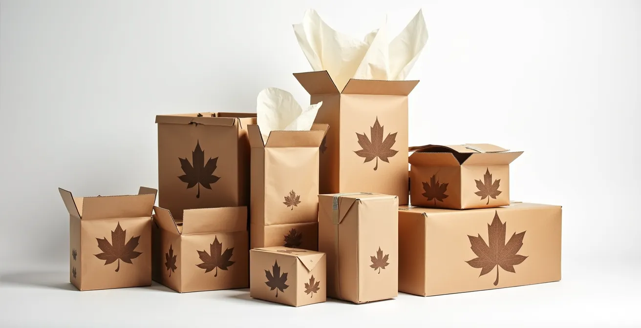Studio photo montrant différents types d'emballages écologiques pour e-commerce avec symboles montréalais