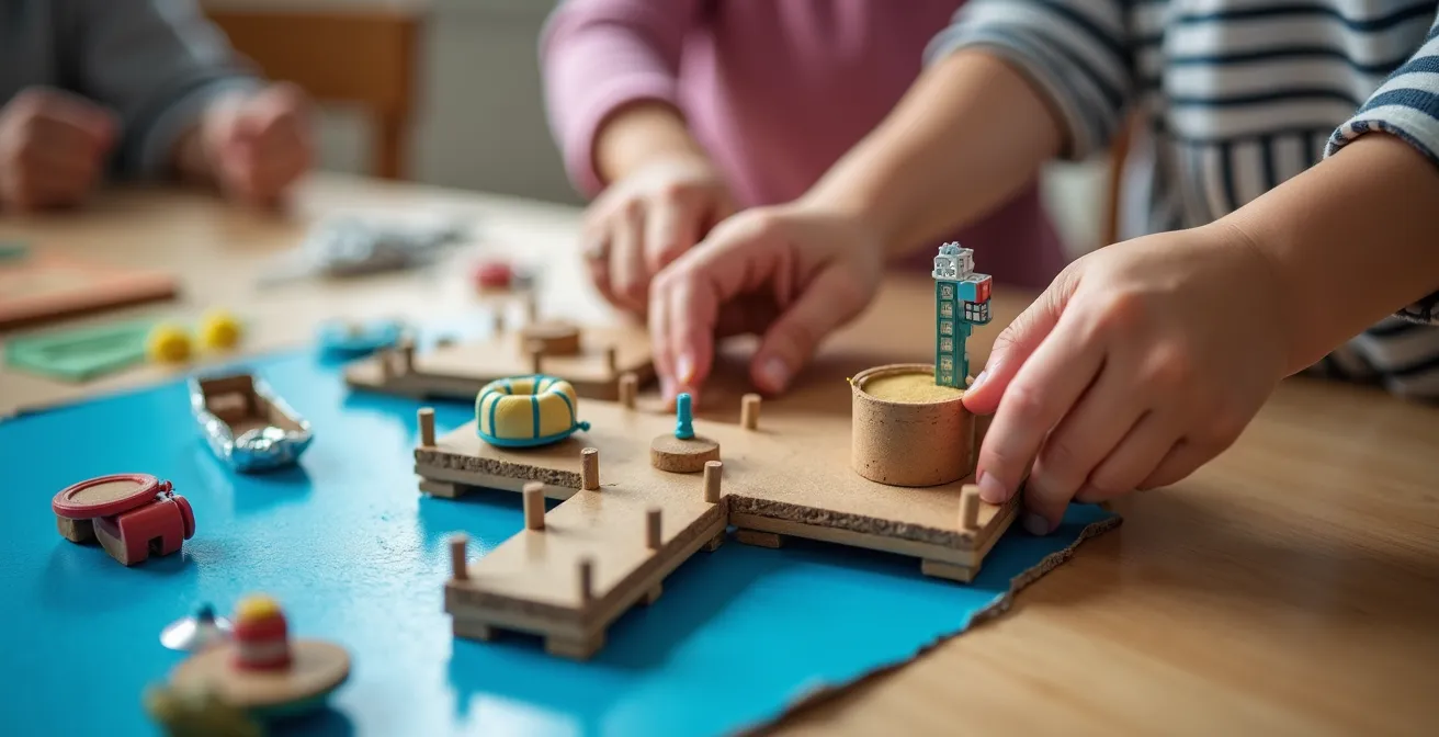 Enfants construisant une maquette créative du Vieux-Port avec des matériaux recyclés