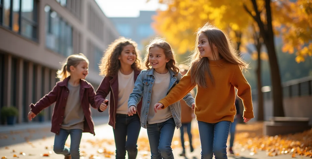 Enfants jouant dans une cour d'école moderne à Montréal en automne