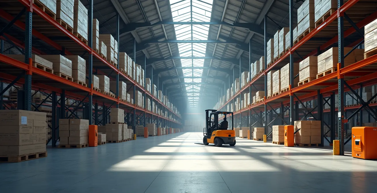 Intérieur d'un entrepôt moderne avec rayonnages hauts et équipements de manutention automatisés