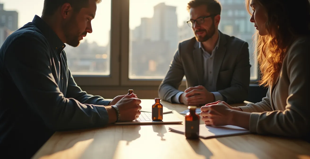 Entrepreneur présentant des échantillons de produits dans un bureau moderne du Plateau Mont-Royal