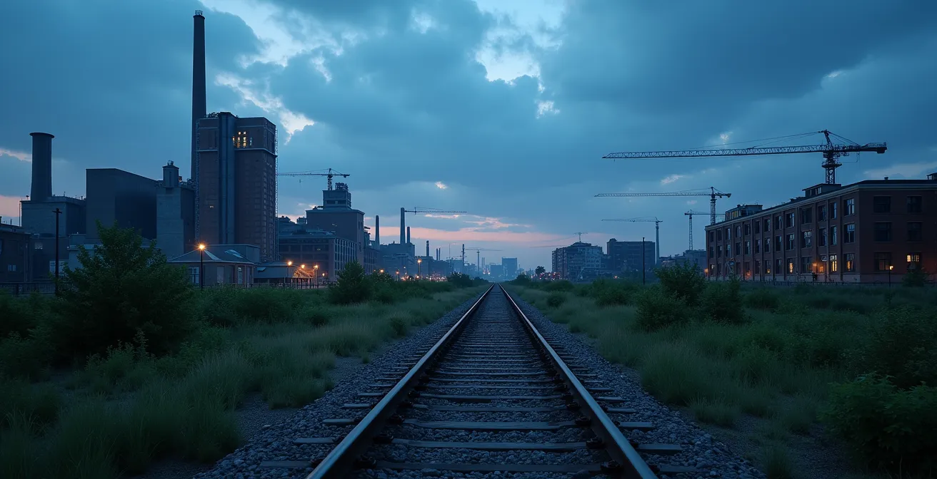 Vue panoramique de l'Est de Montréal en transformation avec anciennes usines et nouveaux développements durables