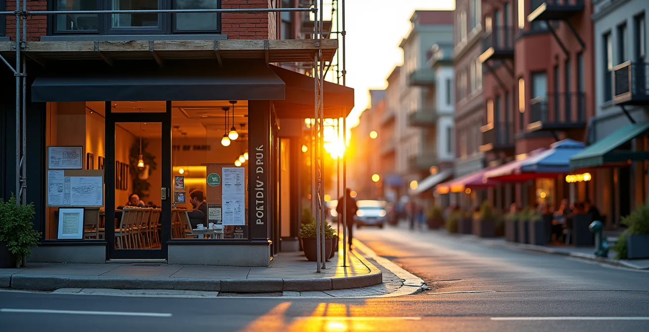 Vue aérienne de l'avenue Mont-Royal montrant la diversité des commerces et leur transformation