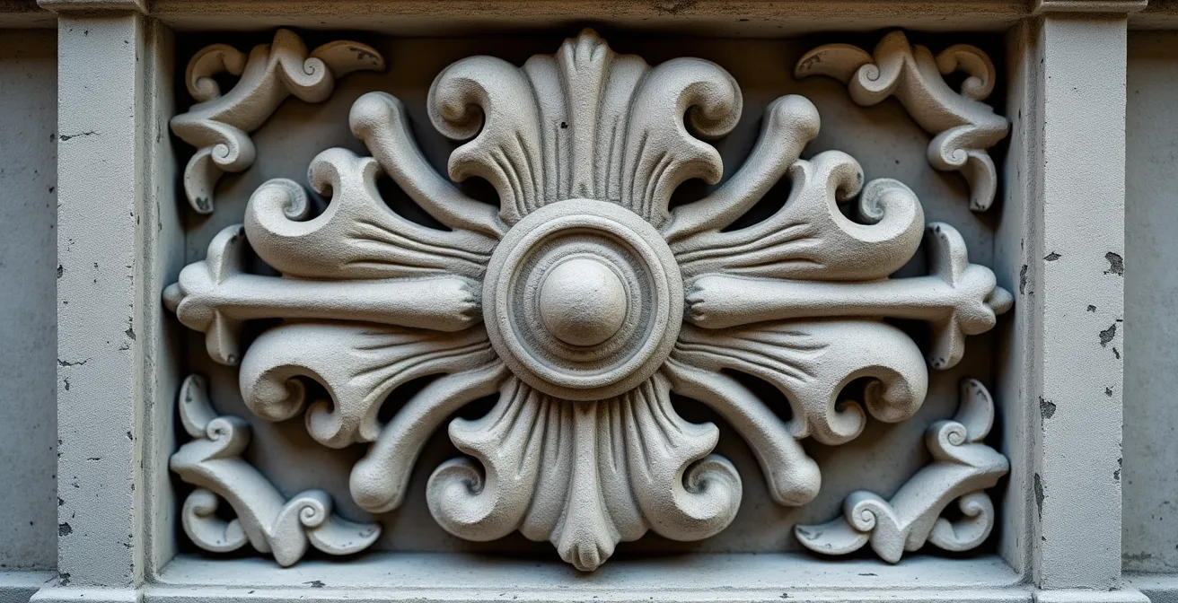 Détail architectural d'une façade en pierre calcaire grise du Vieux-Montréal avec corniche et linteau ouvragés
