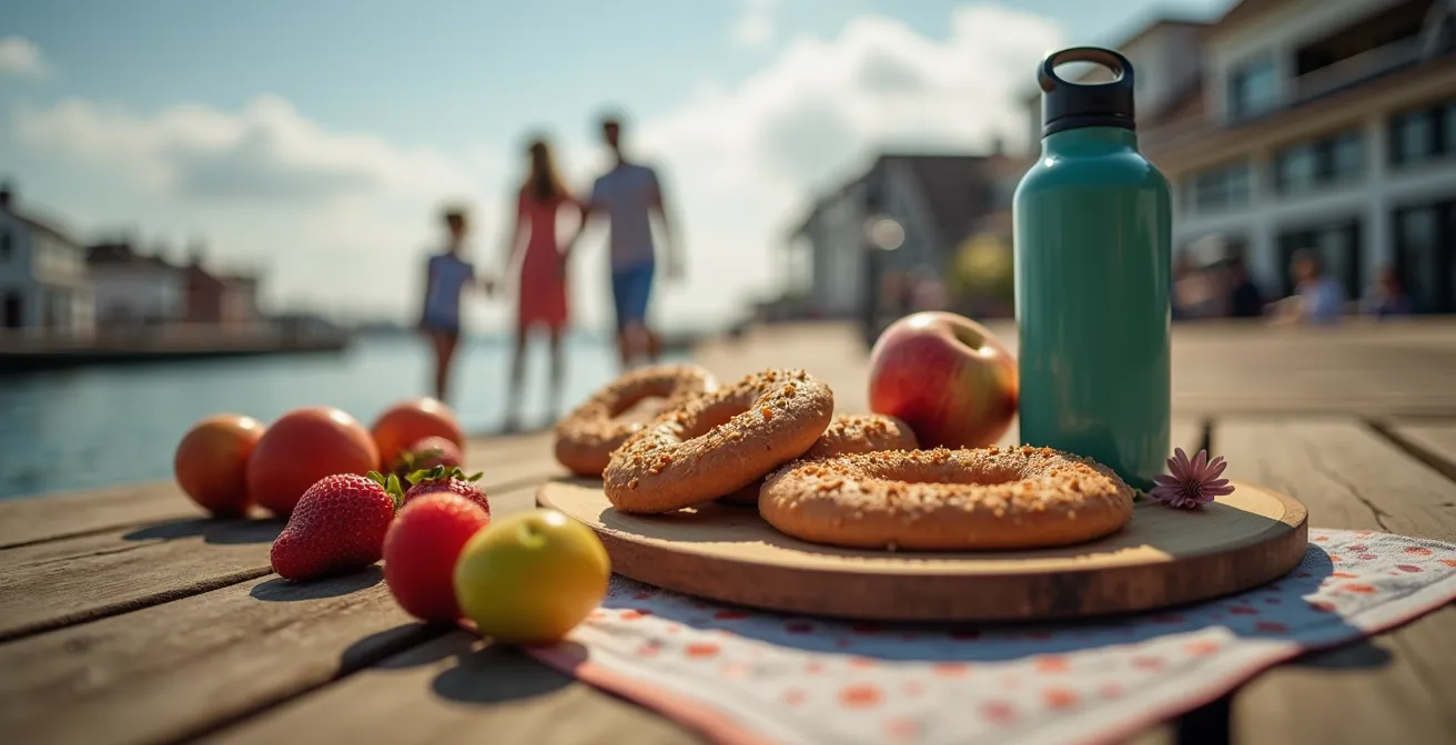 Famille en pique-nique sur les quais du Vieux-Port avec vue sur le fleuve Saint-Laurent