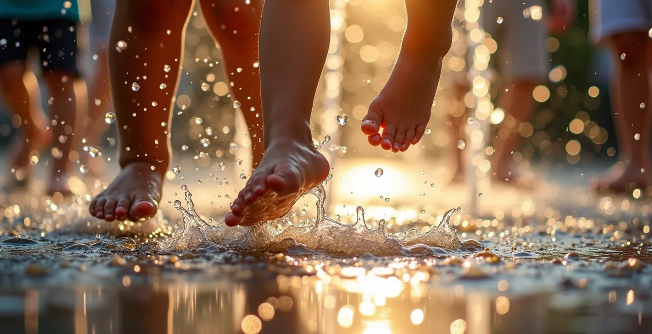 Famille profitant des jeux d'eau du Vieux-Port de Montréal en été