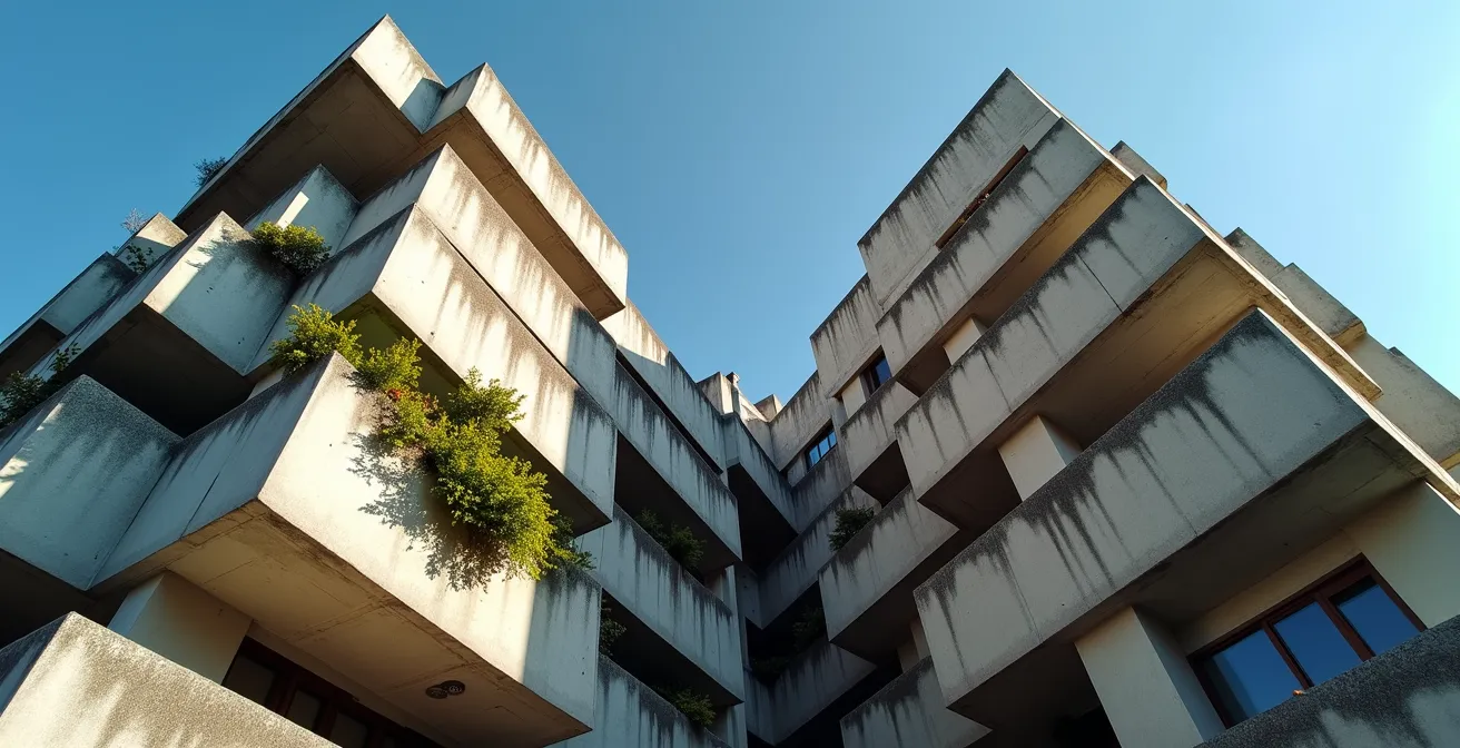 Vue architecturale d'Habitat 67 montrant l'assemblage complexe des modules de béton