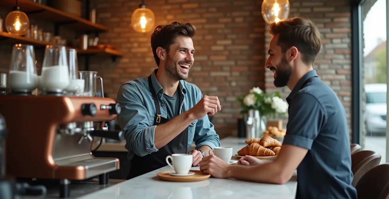 Scène intime d'un café du Plateau avec habitués en conversation avec le barista