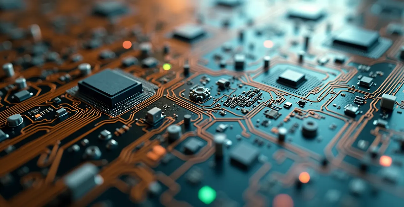 Vue macro détaillée de surfaces technologiques interconnectées avec des textures abstraites