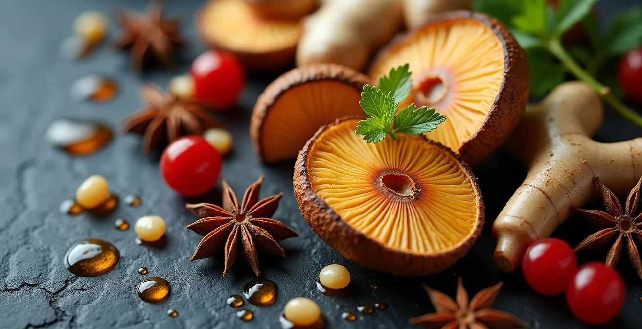 Arrangement artistique d'ingrédients québécois et asiatiques pour cuisine fusion