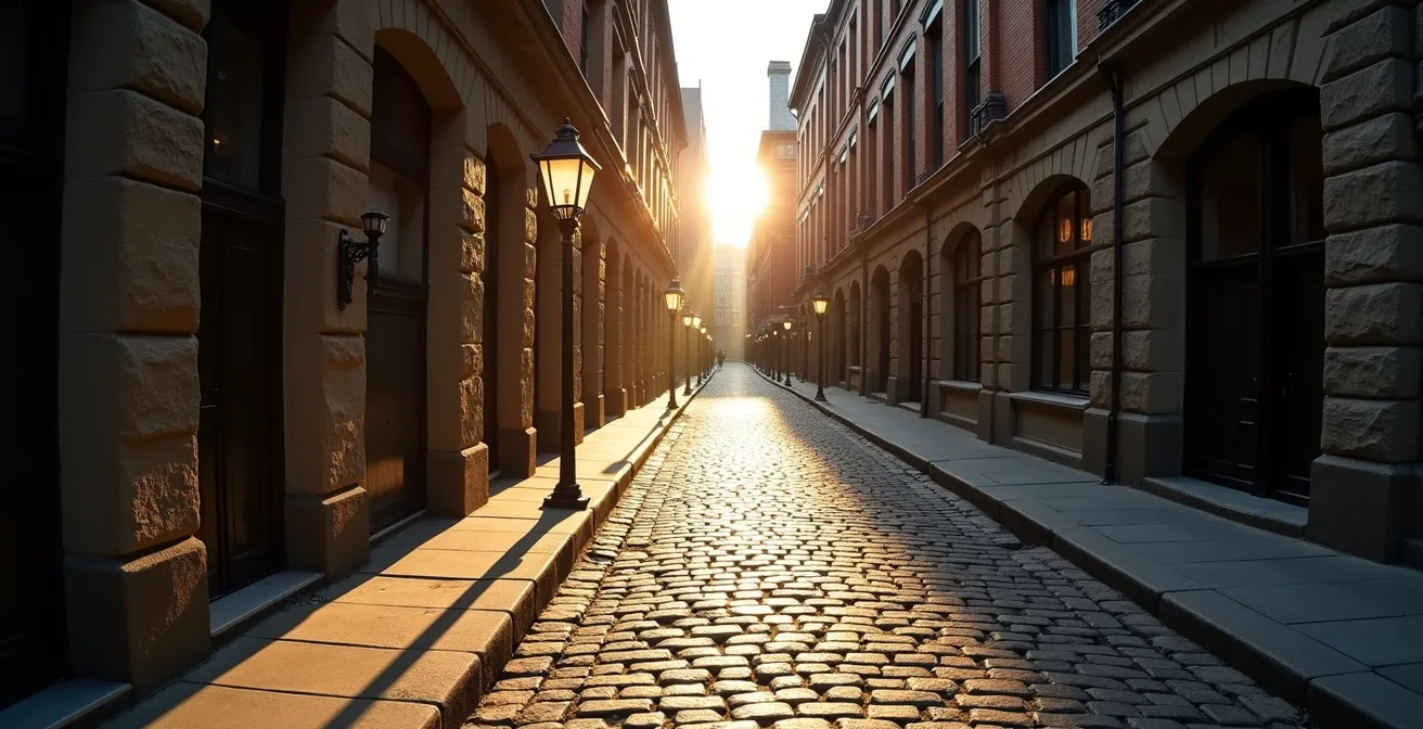 Lumière dorée du matin sculptant les textures de la pierre grise de Montréal dans une ruelle pavée du quartier historique