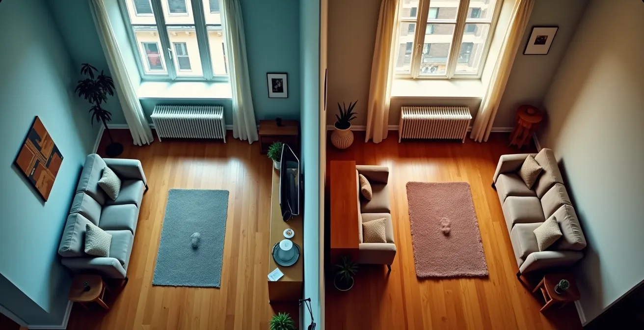 Plan d'appartement montréalais montrant les flux de circulation avant et après réorganisation des meubles