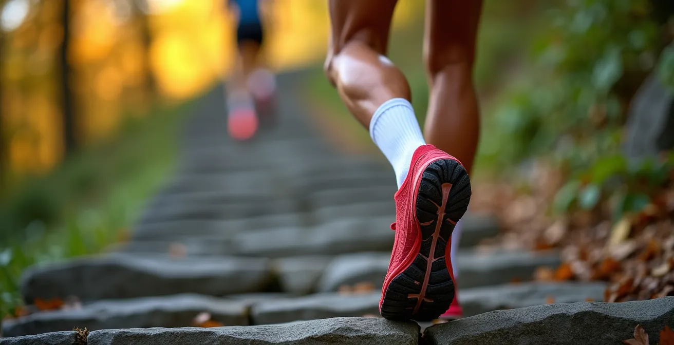 Vue macro d'un coureur montant les escaliers du Mont Royal, focus sur l'effort musculaire