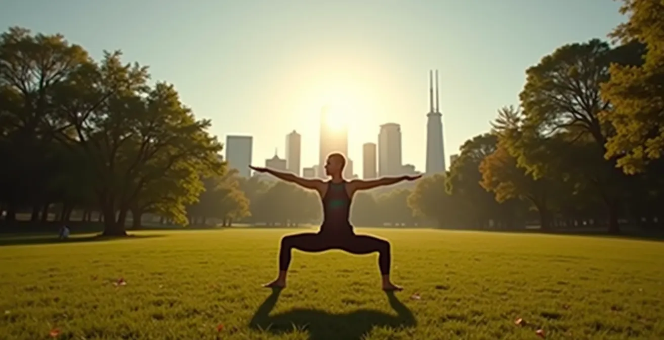 Vue large d'une séance de yoga matinale au parc du Mont-Royal avec la ville en arrière-plan