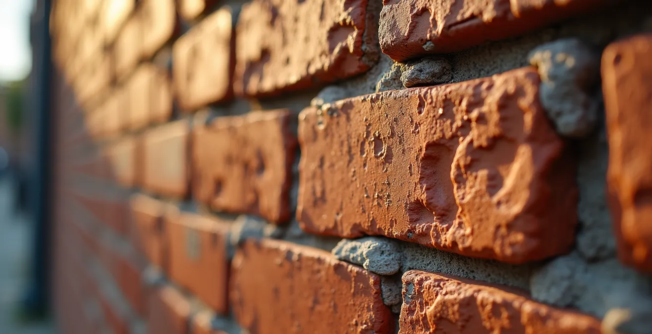 Mur de briques rouges texturées typique du Plateau-Mont-Royal avec jeu d'ombres et de lumière naturelle